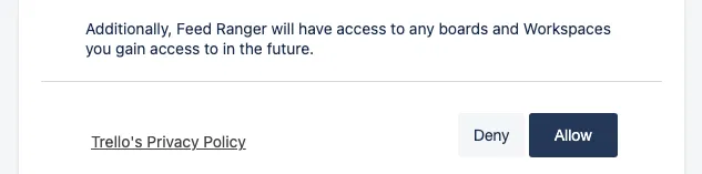 A screenshot of Trello's API access confirmation screen, cropped around the "Deny" and "Allow" buttons